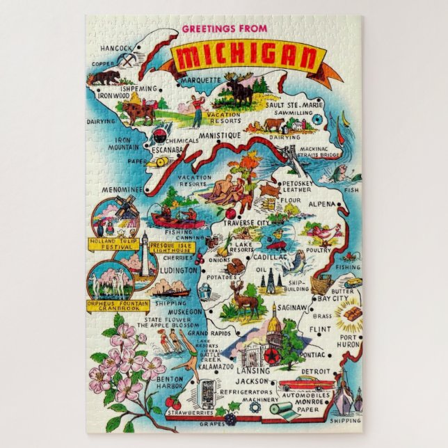 Colourful Vintage Michigan Map Jigsaw Puzzle (Vertical)