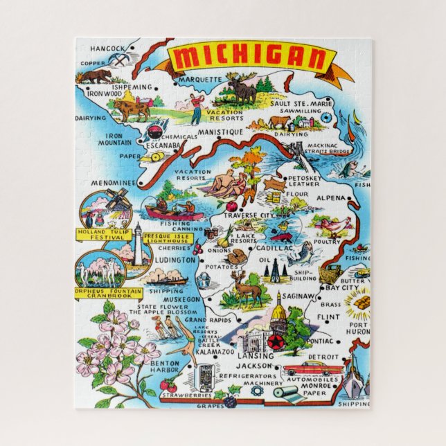 Colourful Vintage Michigan Map Jigsaw Puzzle (Vertical)