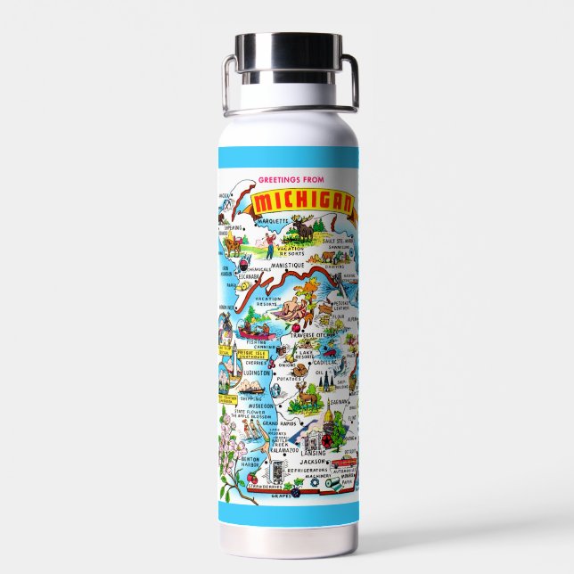 Colourful Vintage Michigan Map Water Bottle (Back)