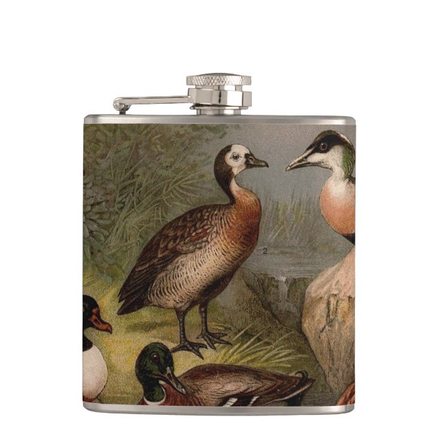 Colourful vintage painting of ducks hip flask (Front)