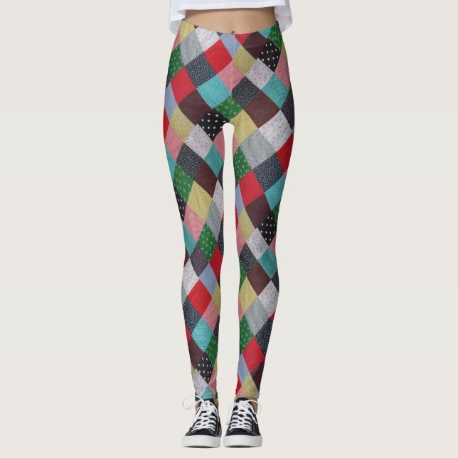 colourful vintage patterned squares of patchwork leggings (Front)