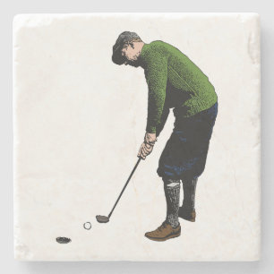 Colourful Vintage Photo Illustration of Golfer Stone Coaster