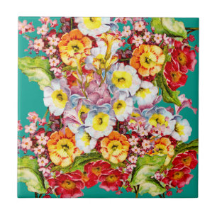   Colourful Vintage Primroses Floral Spring Patter Tile