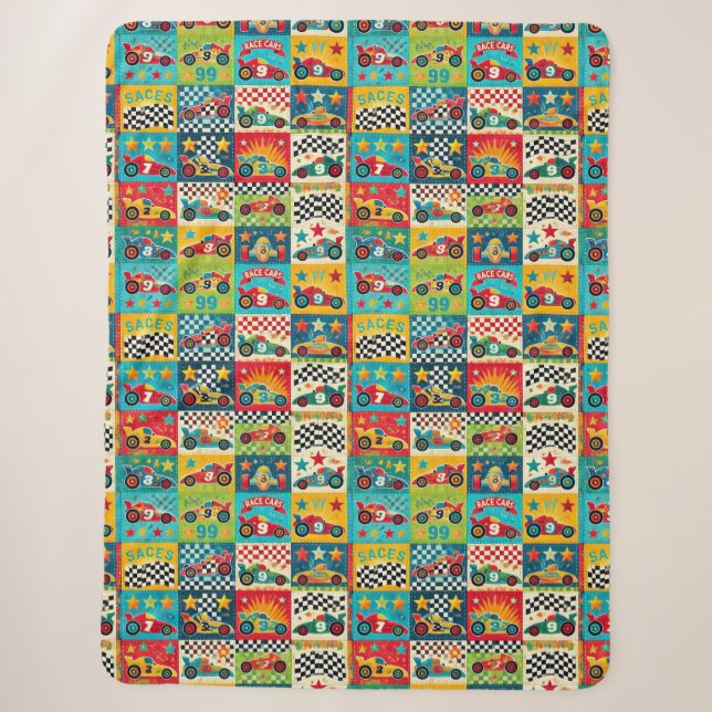 Colourful Vintage Race Car Pattern Sherpa Blanket (Front)
