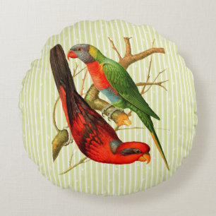 Colourful Vintage Red & Green Parrots Illustration Round Cushion