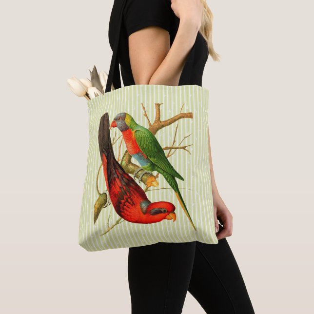 Colourful Vintage Red & Green Parrots Illustration Tote Bag (Close Up)