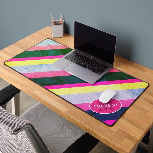 Colourful vintage retro geometric lines Monogram Desk Mat (Office 2)