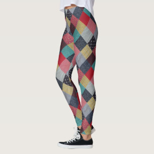 colourful  vintage retro patchwork fabric squares leggings