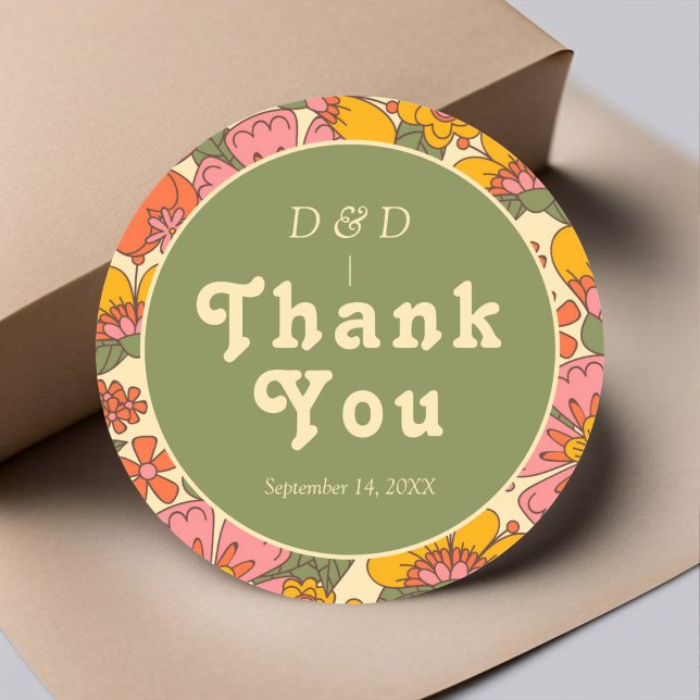 Colourful Vintage Retro Thank You  Classic Round Sticker (Creator Uploaded)