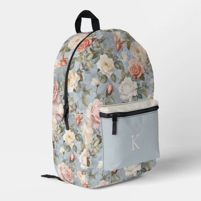 Colourful Vintage Rose Pattern Monogrammed Printed Backpack (Back Corner Left)