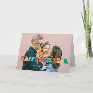 Colourful vintage script Happy New Year photo Holiday Card
