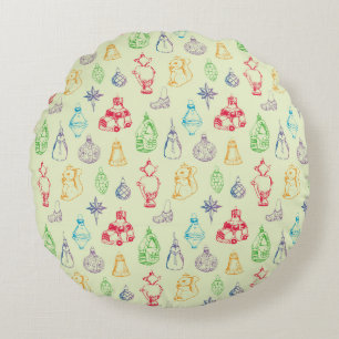 Colourful vintage style christmas toys hand drawn round cushion
