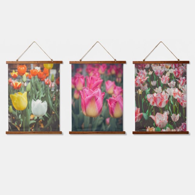 Colourful vintage style spring tulips  hanging tapestry (Triple)
