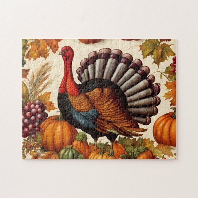 Colourful Vintage Thanksgiving Harvest and Turkey  Jigsaw Puzzle (Horizontal)