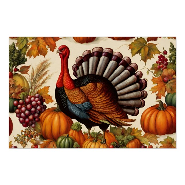 Colourful Vintage Thanksgiving Harvest and Turkey  Poster (Front)