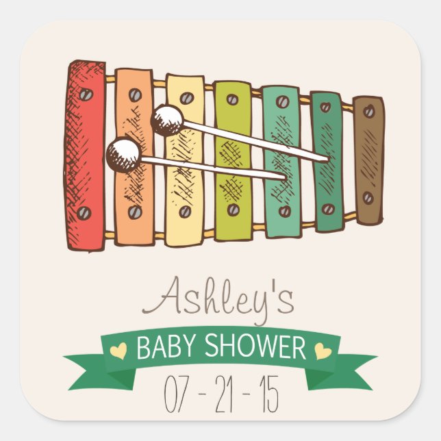 Colourful Vintage Toy Xylophone Baby Shower Square Sticker (Front)