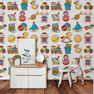 Colourful vintage toys pattern nursery wallpaper