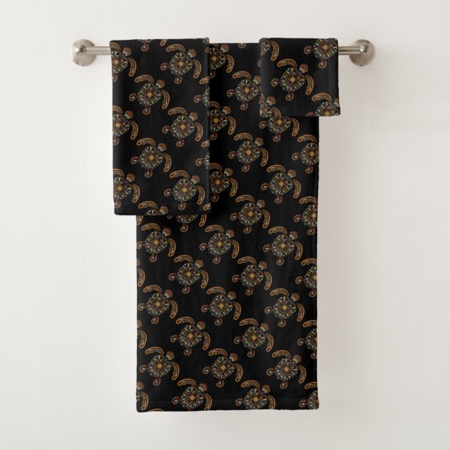 Colourful vintage turtle design bath towel set (Insitu)