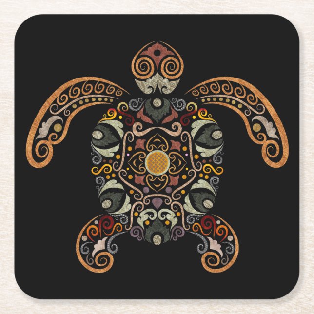 Colourful vintage turtle design square paper coaster (Front)