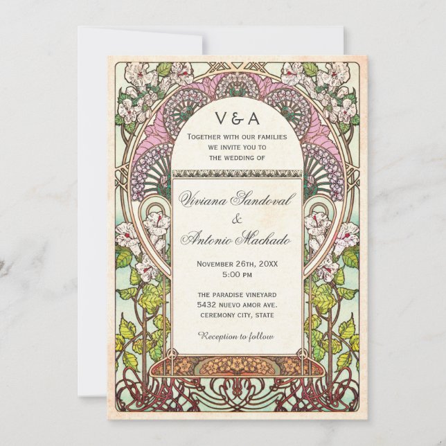 Colourful Vintage Wedding Invitations Art Nouveau (Front)