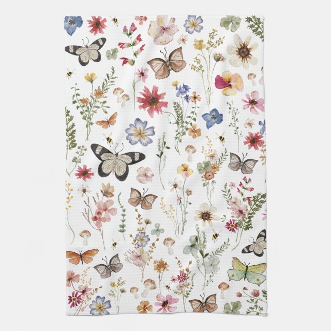 Colourful Vintage Wildflowers Butterflies Botanica Tea Towel (Vertical)