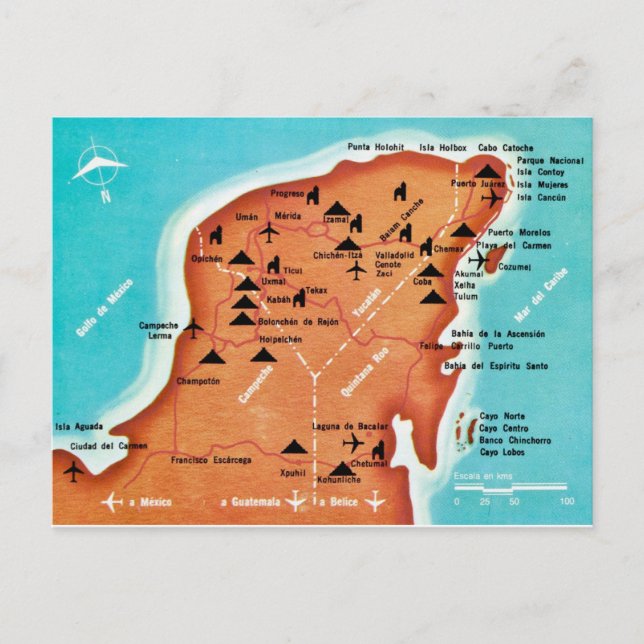 Colourful Vintage Yucatan Mexico Map  Postcard (Front)