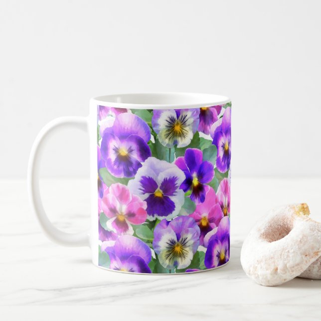 Colourful Violets Pansy Flower Pattern   Coffee Mug (With Donut)