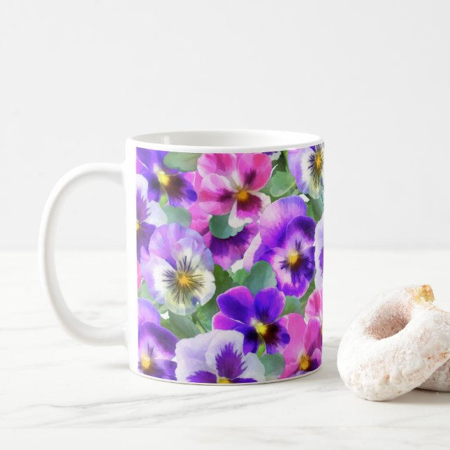 Colourful Violets Pansy Flower Pattern Coffee Mug (With Donut)