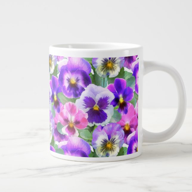 Colourful Violets Pansy Flower Pattern Large Coffee Mug (Right)
