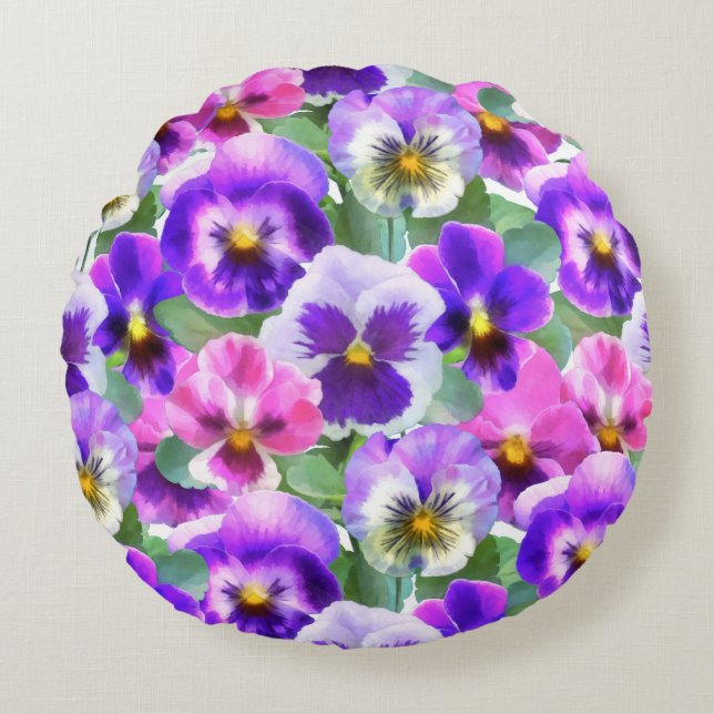 Colourful Violets Pansy Flower Pattern   Round Cushion (Front)