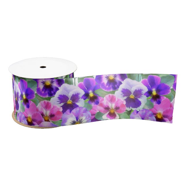 Colourful Violets Pansy Flower Pattern   Satin Ribbon (Spool)