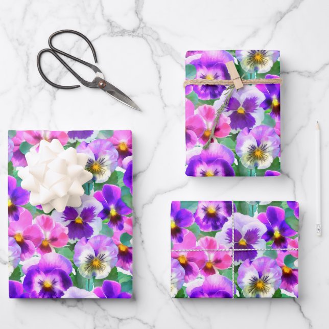 Colourful Violets Pansy Flower Pattern   Wrapping Paper Sheet (Front)