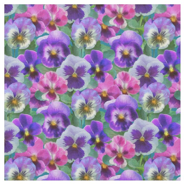 Colourful Violets Pansy Flowers Pattern Fabric (Close Up)