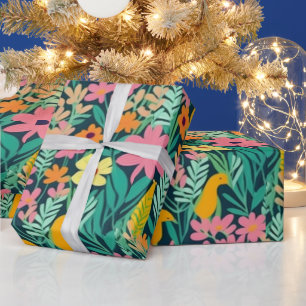 Colourful vivid flowers and birds Wrapping Paper