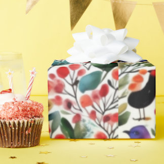 Colourful vivid flowers cute birds Wrapping Paper