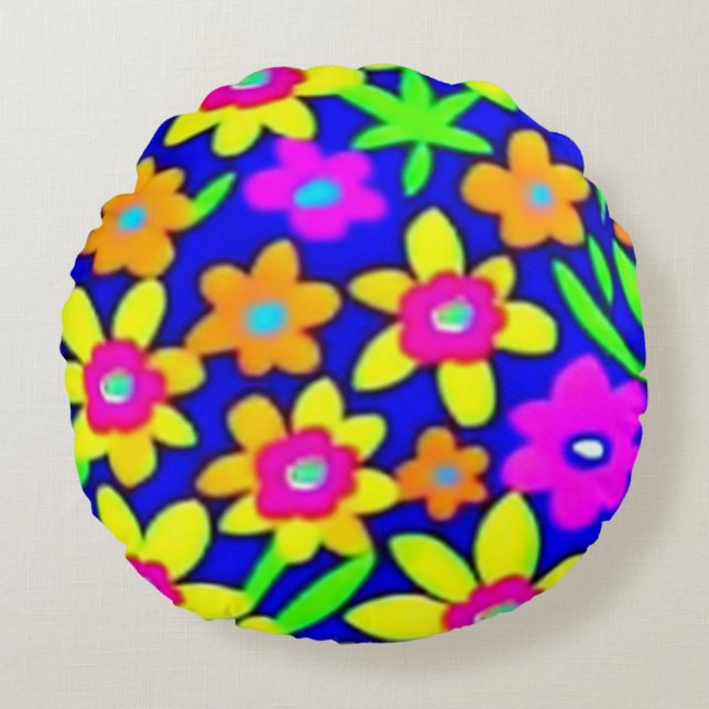 Colourful vivid flowers round cushion (Front)
