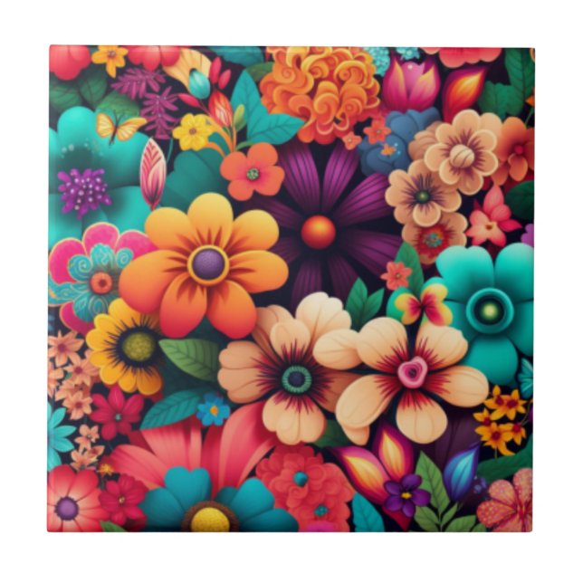 Colourful vivid  vintage flowers tile (Front)
