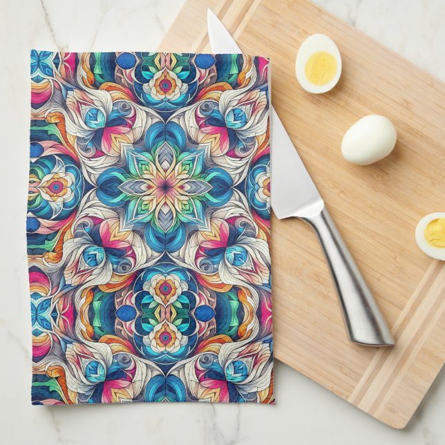 Colourful Vortex Tile Pattern Tea Towel (Quarter Fold)