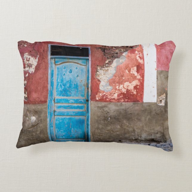 Colourful wall with blue door decorative cushion (Back)