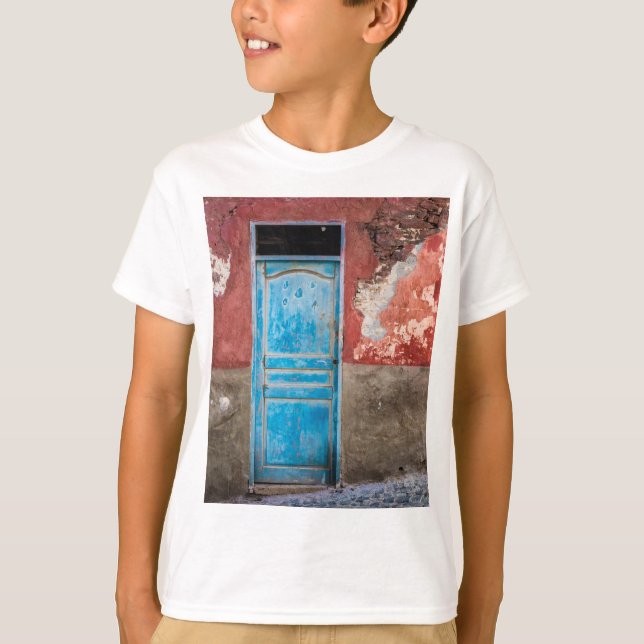 Colourful wall with blue door T-Shirt (Front)