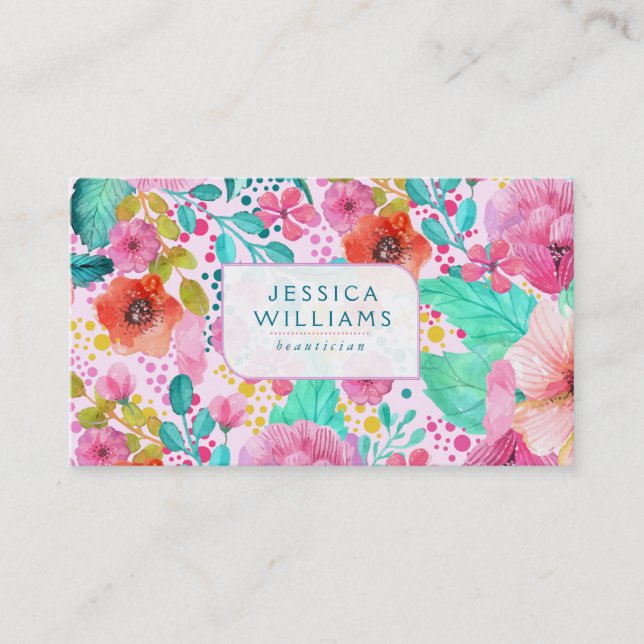 Colourful Water Colour Floral Pattern Business Card (Front)