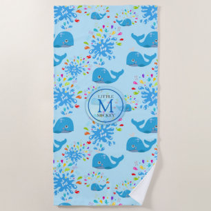 Colourful Water Splash Blue Whale Monogram Pattern Beach Towel