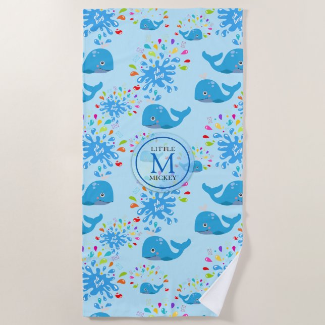 Colourful Water Splash Blue Whale Monogram Pattern Beach Towel (Front)