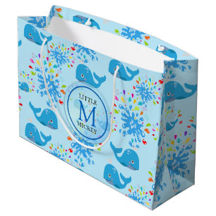 Colourful Water Splash Blue Whale Monogram Pattern Large Gift Bag