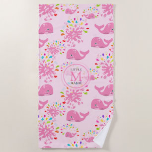 Colourful Water Splash Pink Whale Monogram Pattern Beach Towel