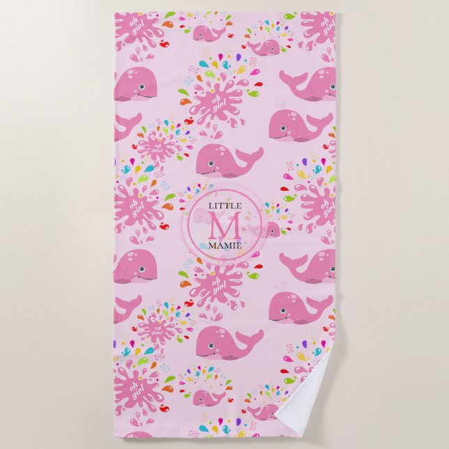 Colourful Water Splash Pink Whale Monogram Pattern Beach Towel (Front)