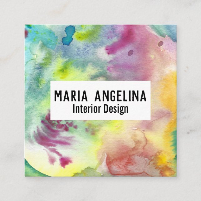 Colourful watercolor abstract art modern splashes square business card (Front)