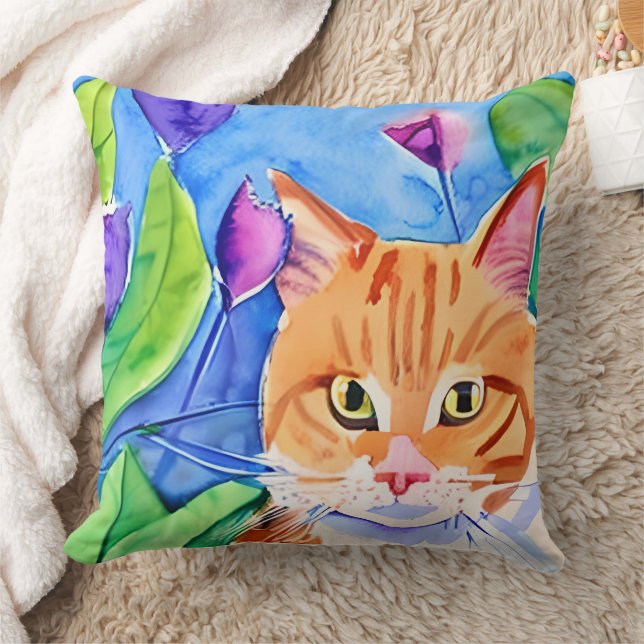 Colourful Watercolor Art | Orange Cat and Flowers Cushion (Blanket)