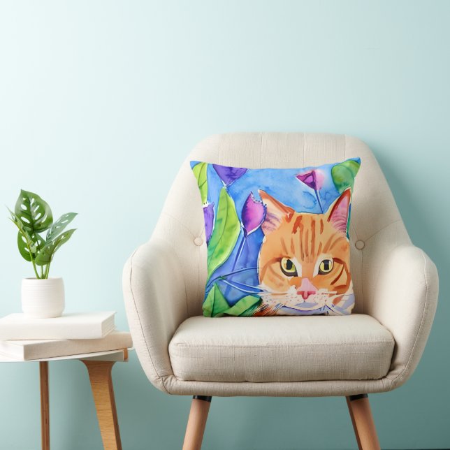 Colourful Watercolor Art | Orange Cat and Flowers Cushion (Chair)