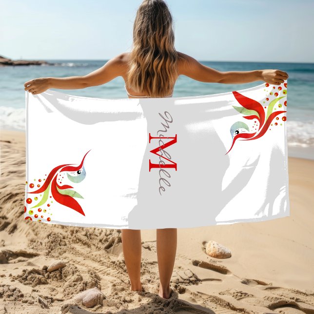 Colourful Watercolor Bird Monogram Personalised Beach Towel (Creator Uploaded)